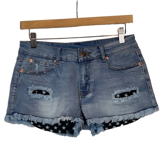 Distressed Cut Off Jean Shorts with Stars Print Hanging Pockets - Small - Picture 1 of 4